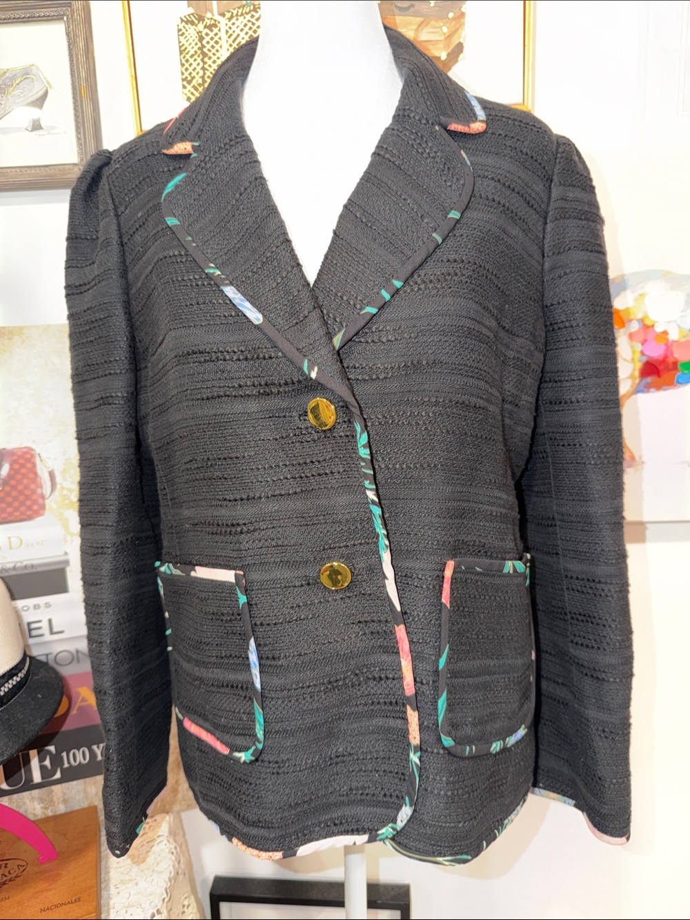 kate spade Black Knit Blazer with Multicolor Floral Trim
